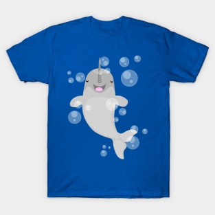 Cute happy narwal bubbles cartoon illustration T-Shirt